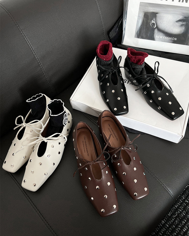 レトロリベット レースアップ シューズ〈3color〉