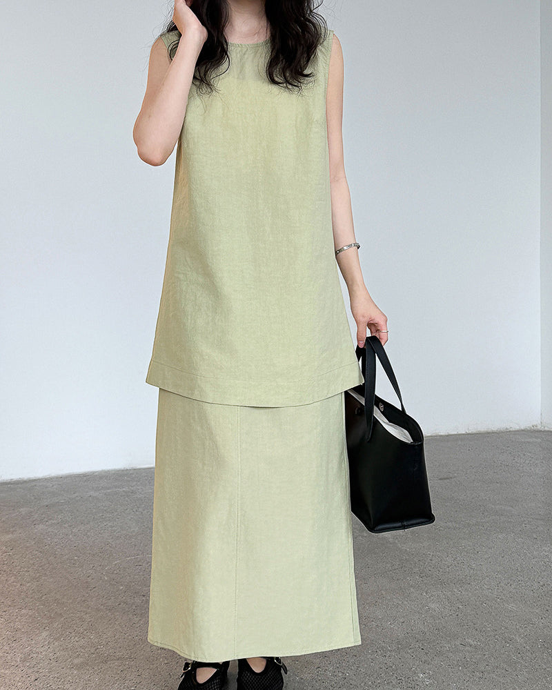 【セットアップ】リネン混ウエストベルト スカートセット-green-
