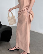 【セットアップ】リネン混ウエストベルト スカートセット-pink beige-