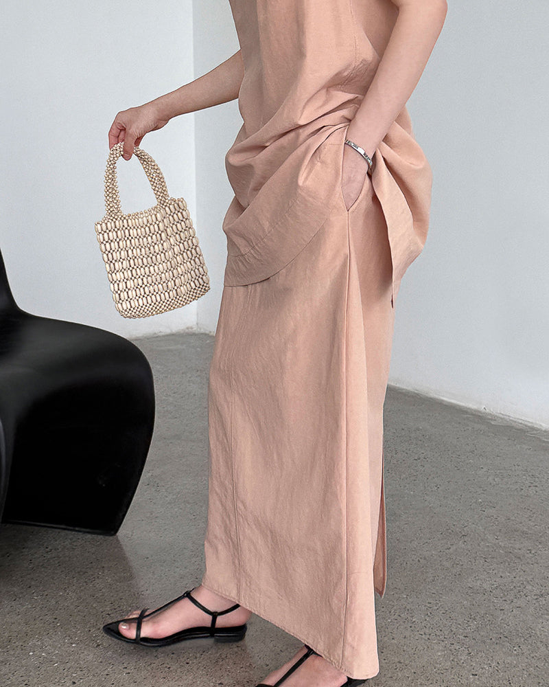 【セットアップ】リネン混ウエストベルト スカートセット-pink beige-