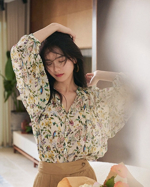 シフォン フローラルシャツ