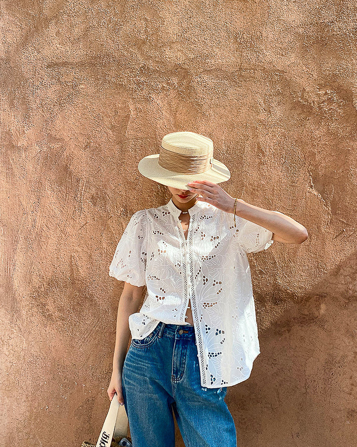 フレンチレース パフスリーブブラウス