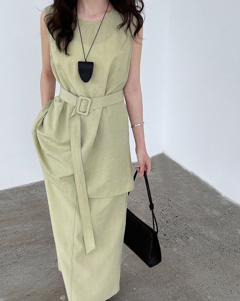 【セットアップ】リネン混ウエストベルト スカートセット-green-
