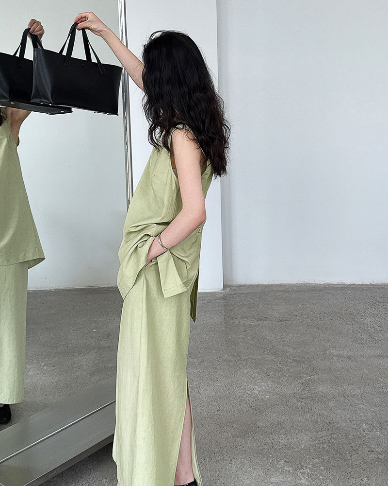【セットアップ】リネン混ウエストベルト スカートセット-green-