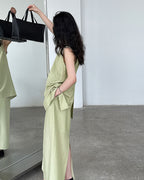 【セットアップ】リネン混ウエストベルト スカートセット-green-