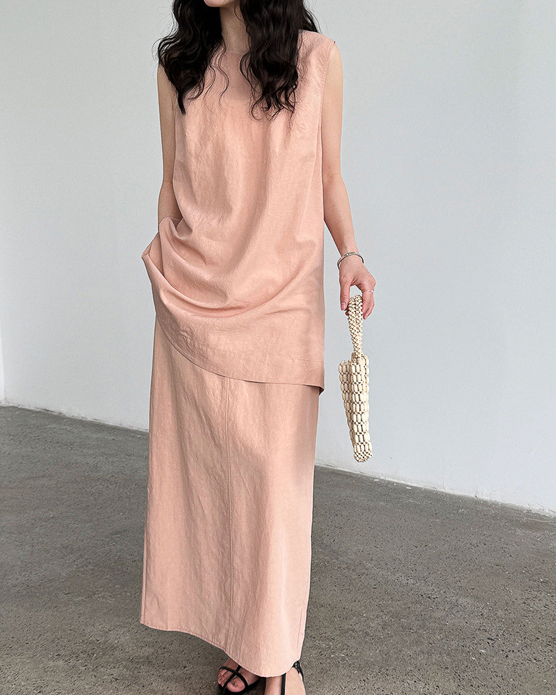 【セットアップ】リネン混ウエストベルト スカートセット-pink beige-