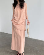 【セットアップ】リネン混ウエストベルト スカートセット-pink beige-