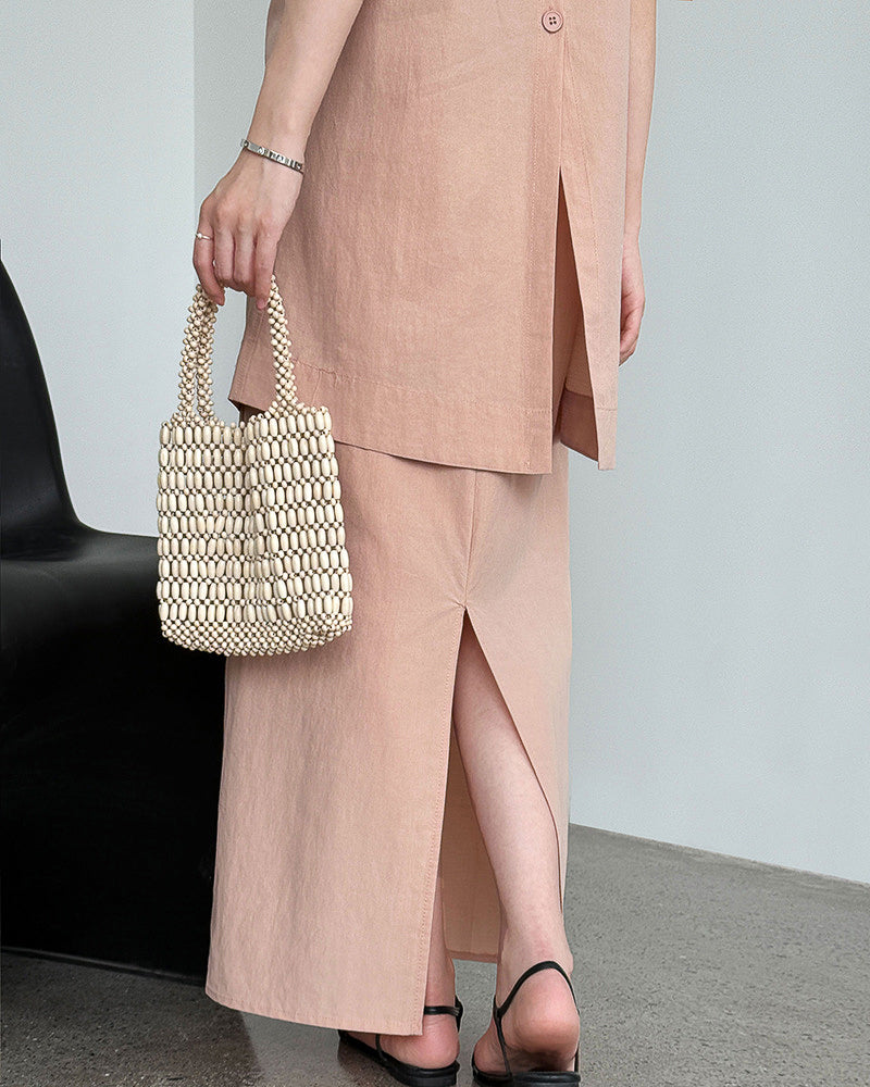 【セットアップ】リネン混ウエストベルト スカートセット-pink beige-