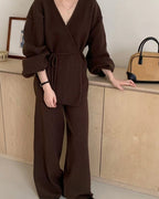 【セットアップ】ポワン袖カシュクールニットセット〈3color〉