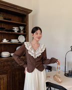 フリル&レース　Vネックブラウス〈2color〉