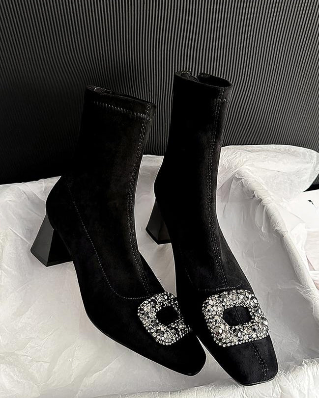 ビジュー スクエアショートブーツ