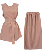 【セットアップ】リネン混ウエストベルト スカートセット-pink beige-