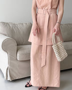 【セットアップ】リネン混ウエストベルト スカートセット-pink beige-