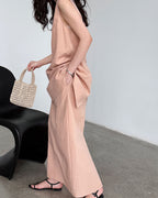 【セットアップ】リネン混ウエストベルト スカートセット-pink beige-
