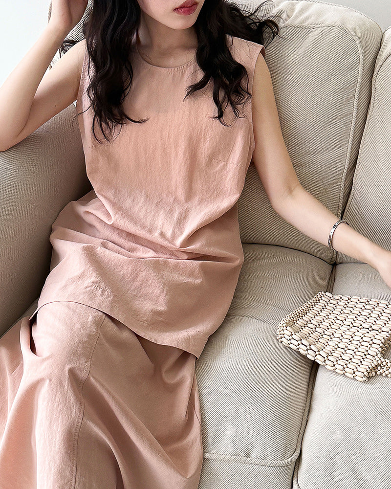 【セットアップ】リネン混ウエストベルト スカートセット-pink beige-