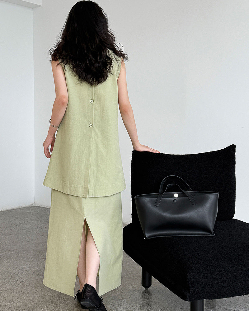 【セットアップ】リネン混ウエストベルト スカートセット-green-