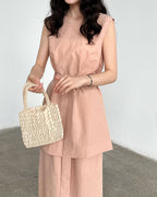 【セットアップ】リネン混ウエストベルト スカートセット-pink beige-