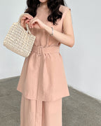 【セットアップ】リネン混ウエストベルト スカートセット-pink beige-