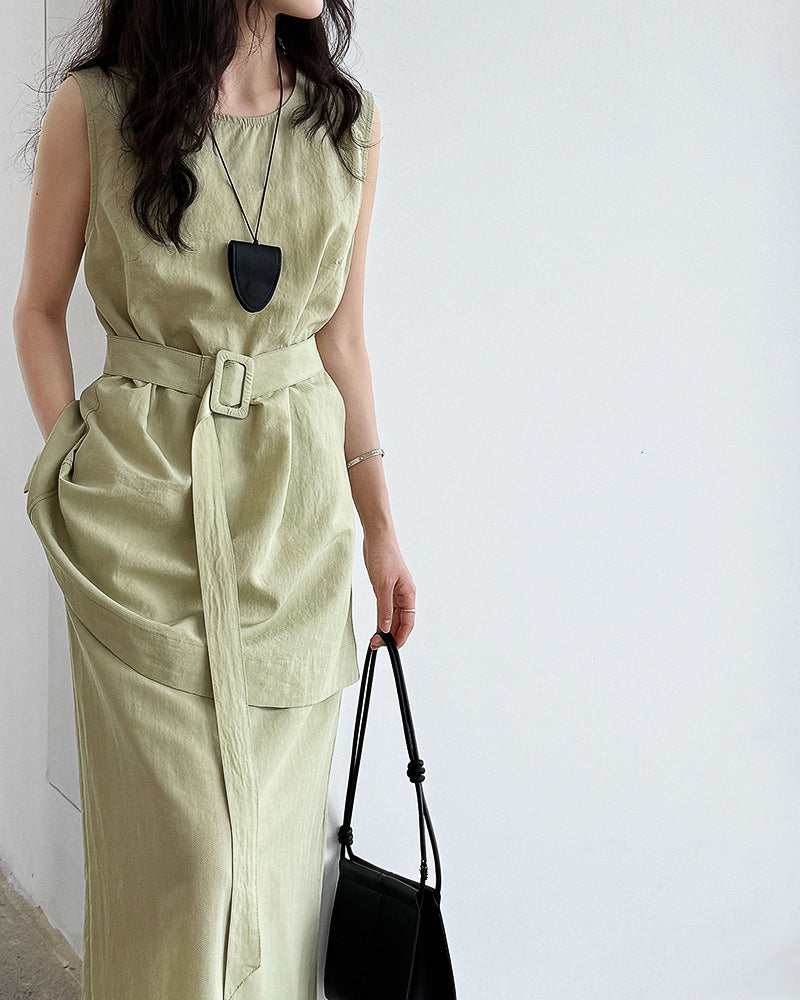 【セットアップ】リネン混ウエストベルト スカートセット-green-