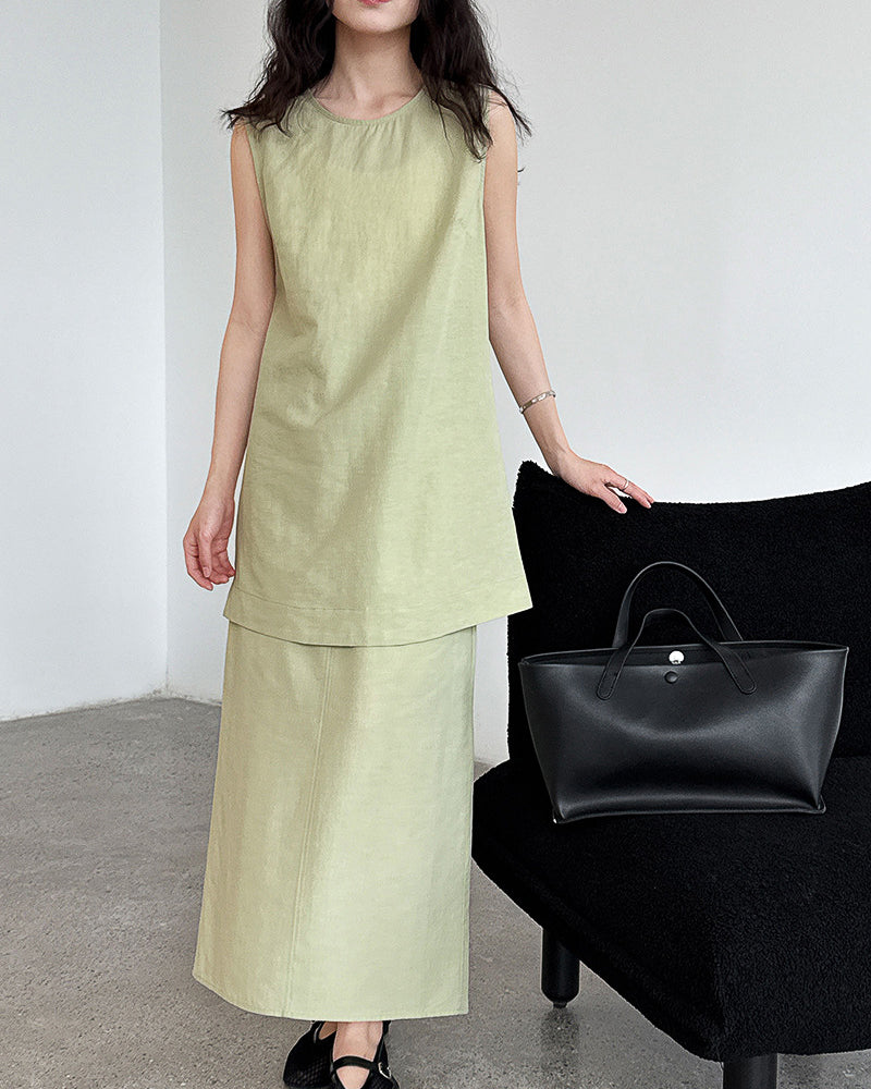 【セットアップ】リネン混ウエストベルト スカートセット-green-