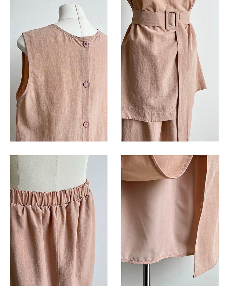 【セットアップ】リネン混ウエストベルト スカートセット-pink beige-