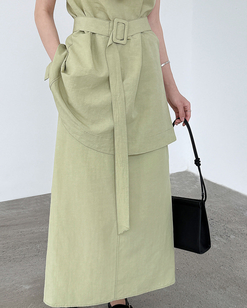 【セットアップ】リネン混ウエストベルト スカートセット-green-