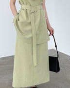【セットアップ】リネン混ウエストベルト スカートセット-green-