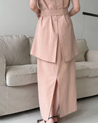 【セットアップ】リネン混ウエストベルト スカートセット-pink beige-