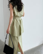 【セットアップ】リネン混ウエストベルト スカートセット-green-