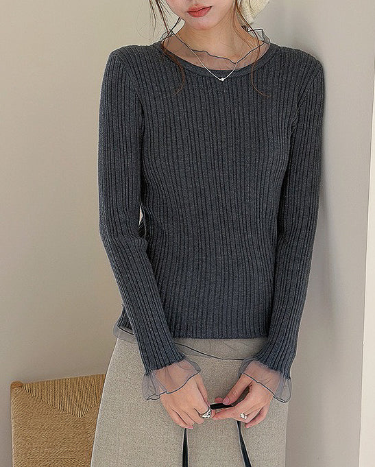 シフォンチュール ニュアンス リブトップス