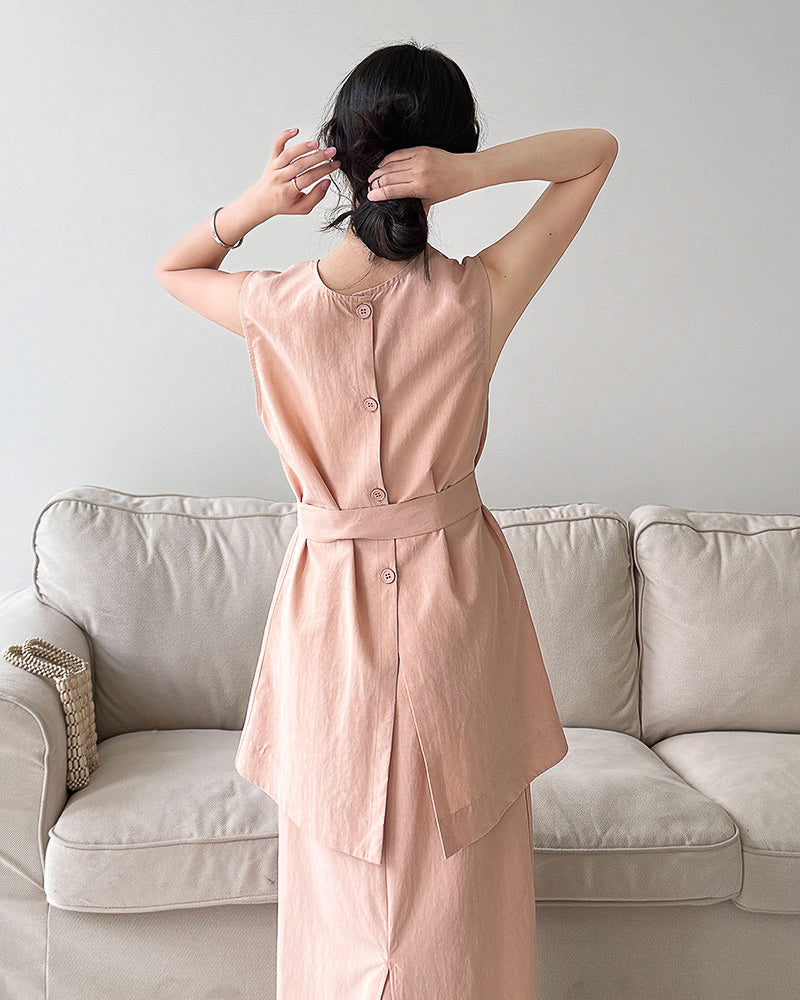 【セットアップ】リネン混ウエストベルト スカートセット-pink beige-