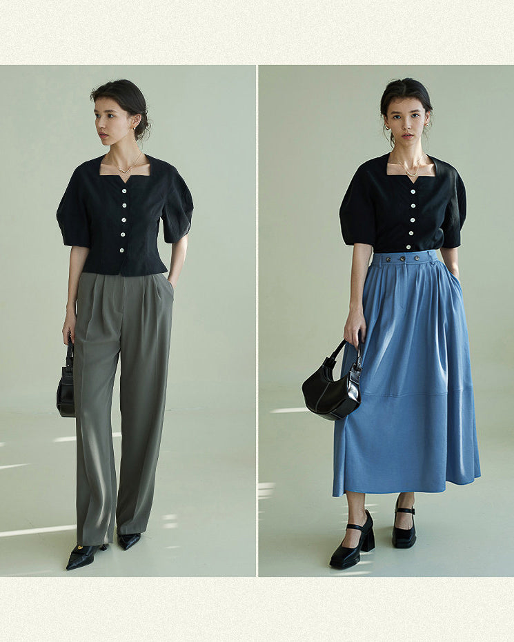 -ヘップバーンstyle-クラシカル・パブスリーブブラウス