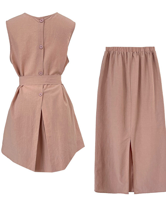 【セットアップ】リネン混ウエストベルト スカートセット-pink beige-