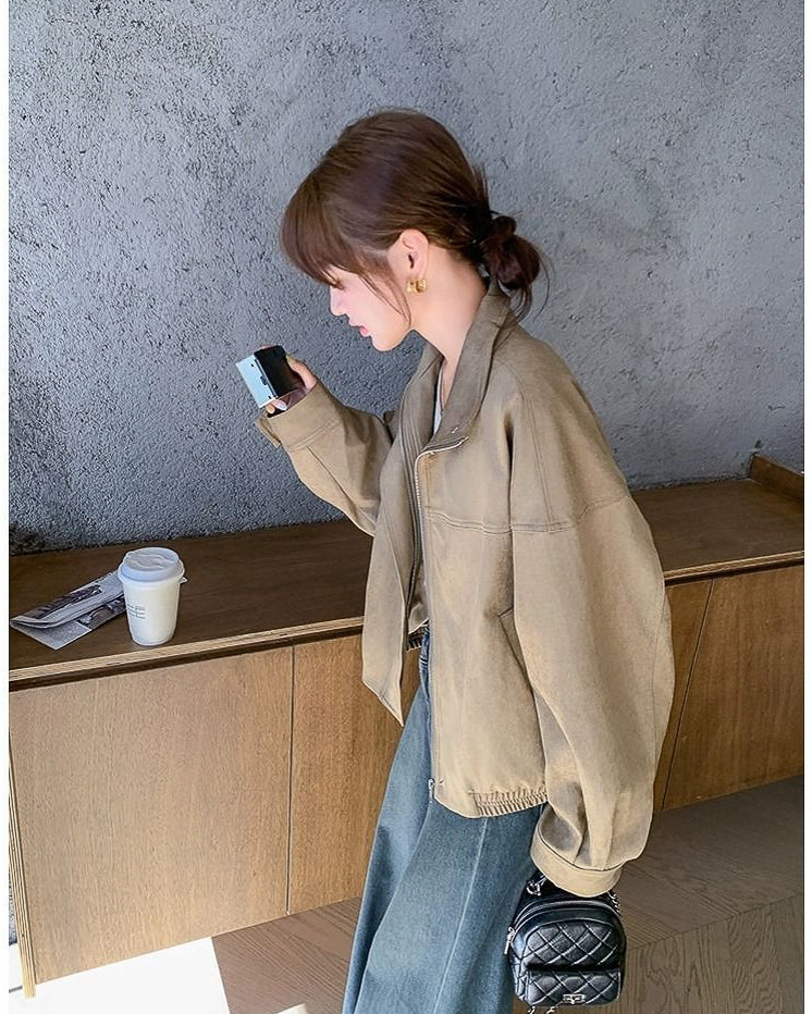カーキ ジップ ショートジャケット