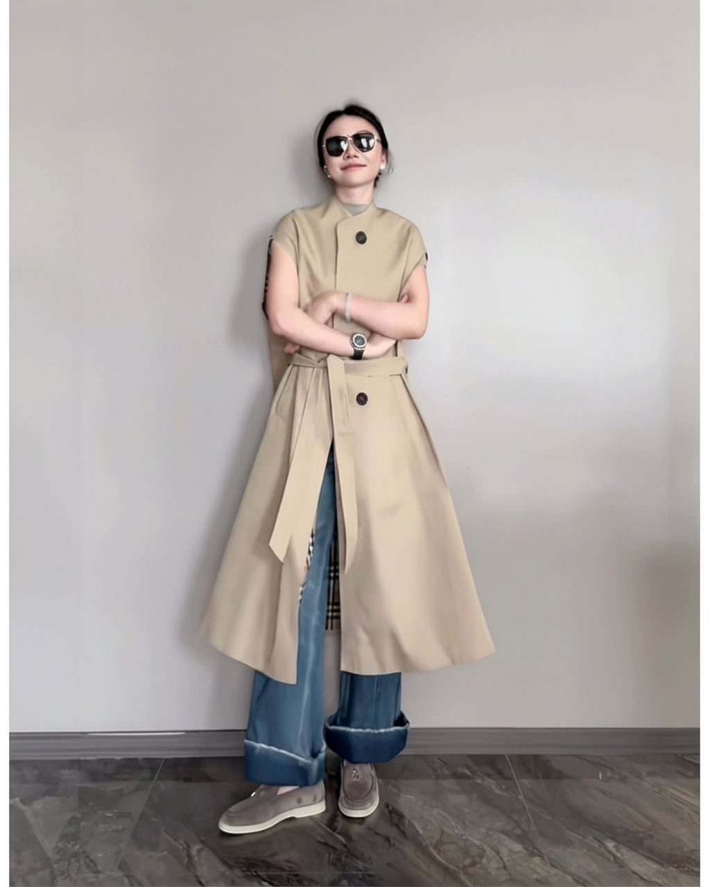 共布ベルト ノースリーブ ロングトレンチベスト