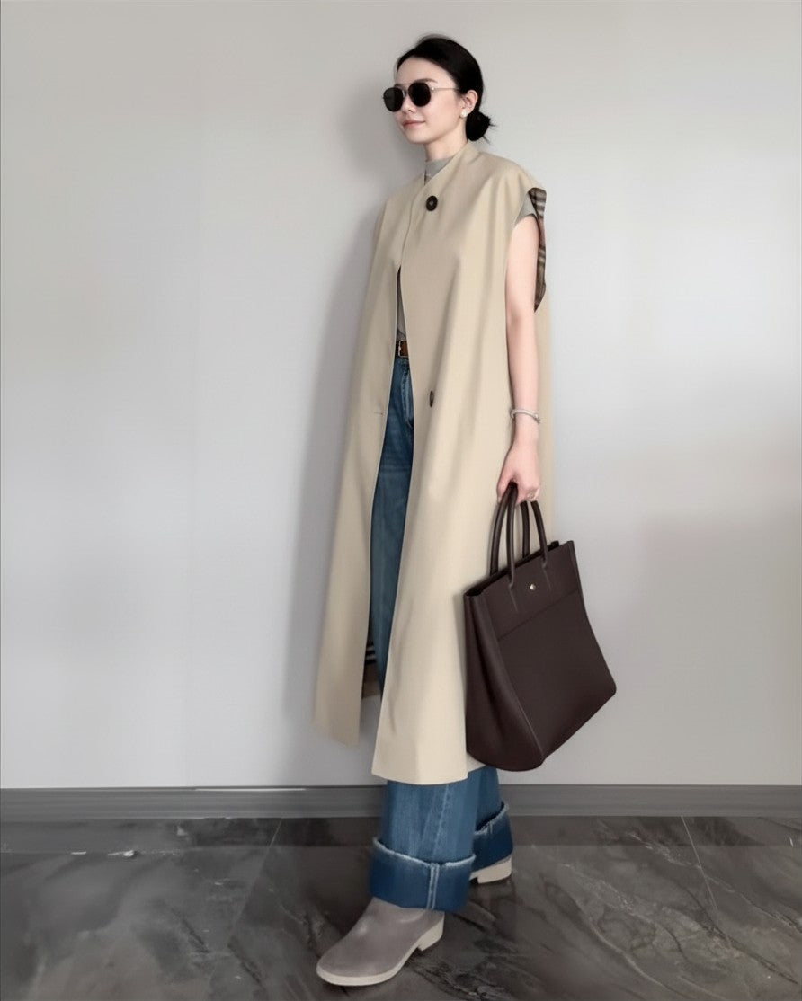共布ベルト ノースリーブ ロングトレンチベスト