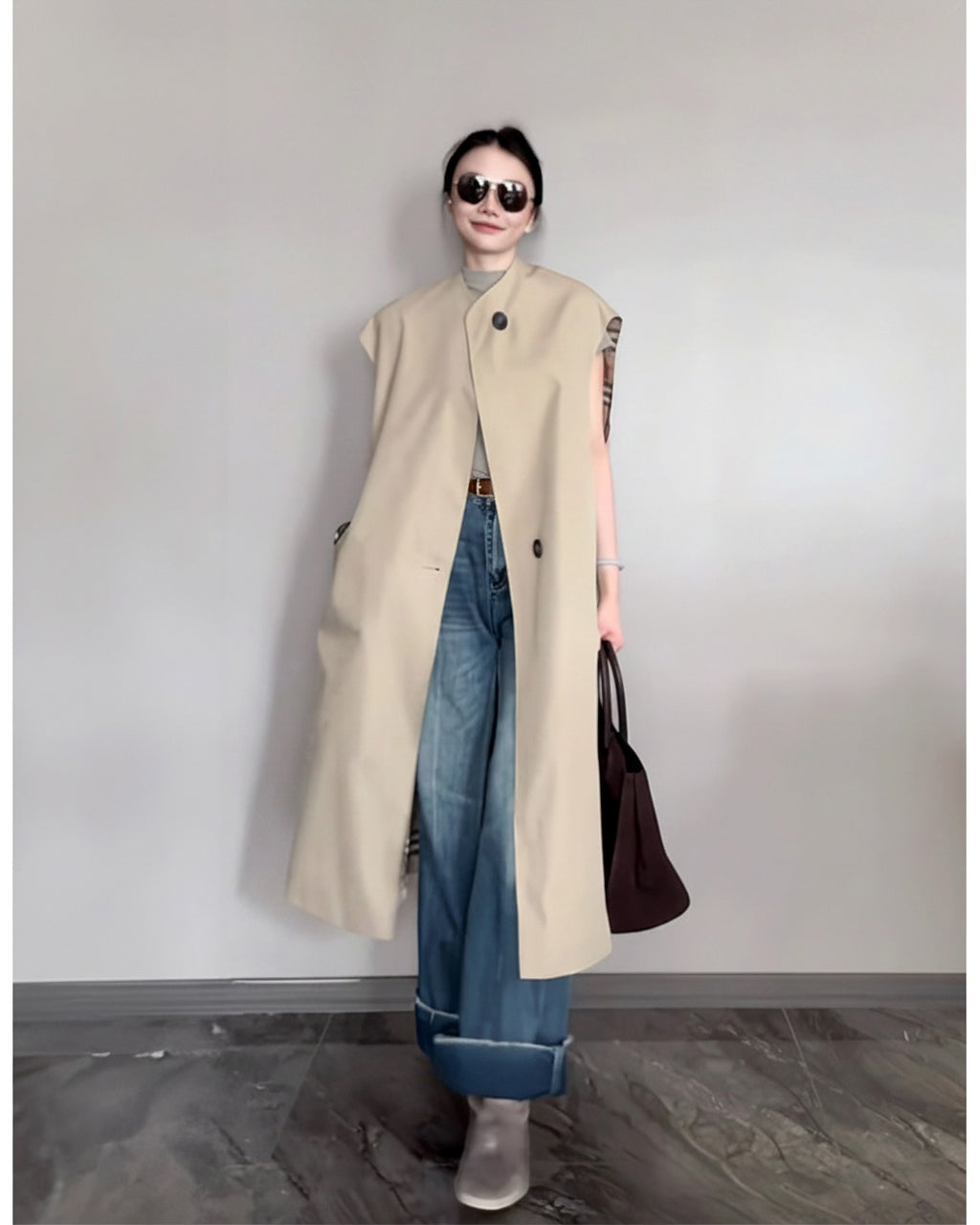 共布ベルト ノースリーブ ロングトレンチベスト