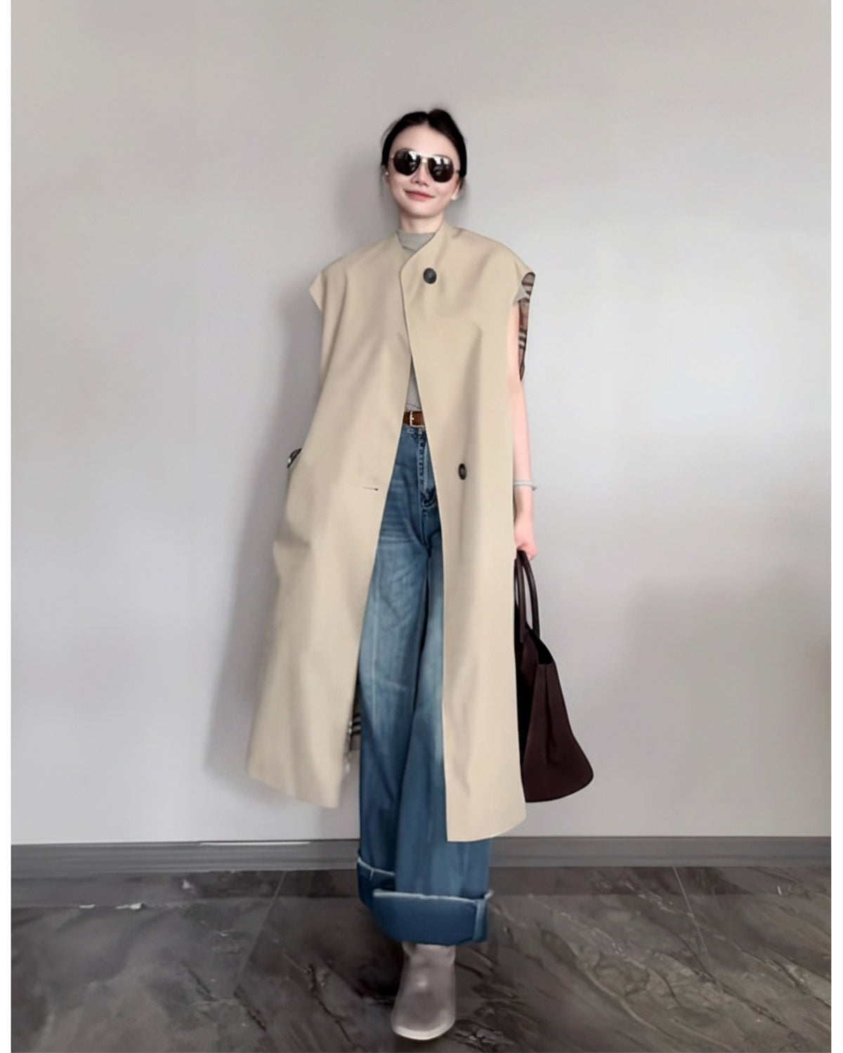 共布ベルト ノースリーブ ロングトレンチベスト