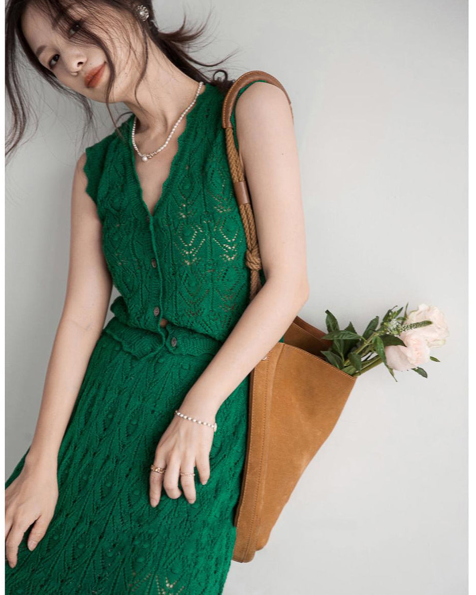 【セットアップ】クロシェ編みニットセット-green-