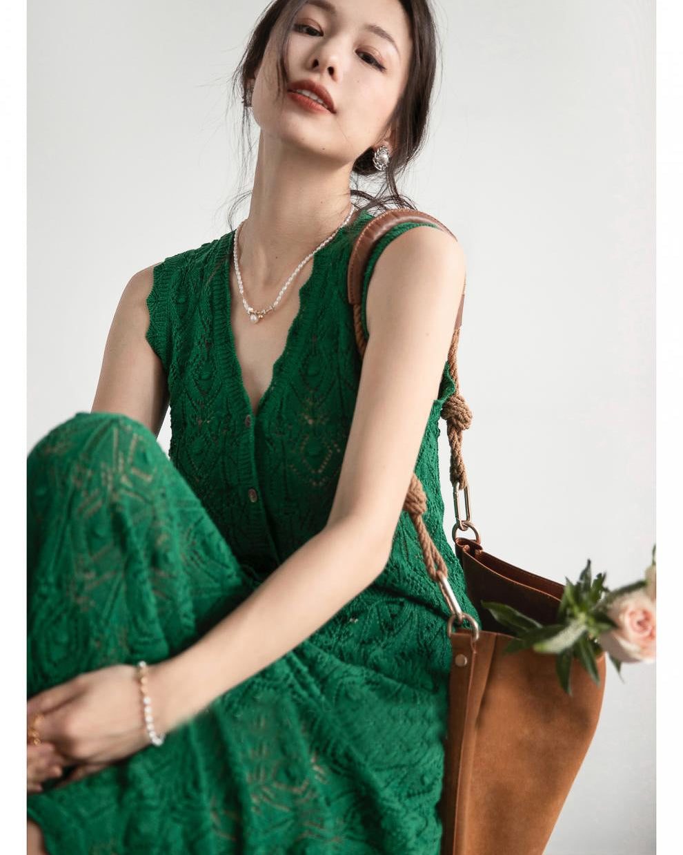 【セットアップ】クロシェ編みニットセット-green-