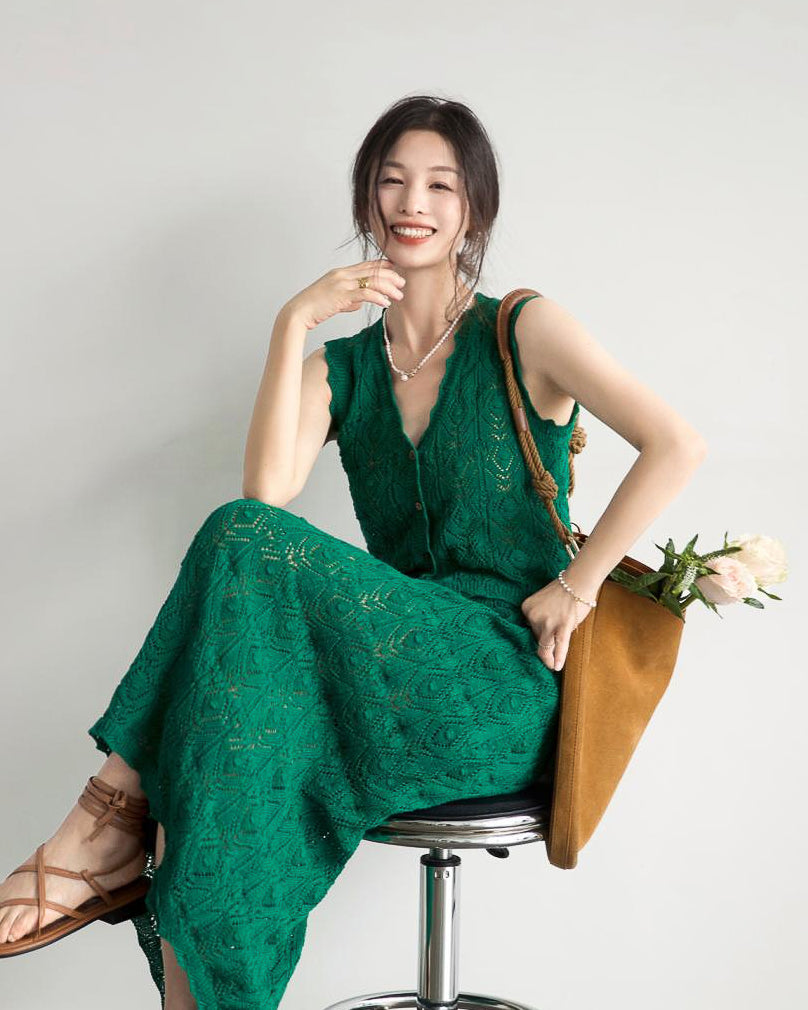 【セットアップ】クロシェ編みニットセット-green-