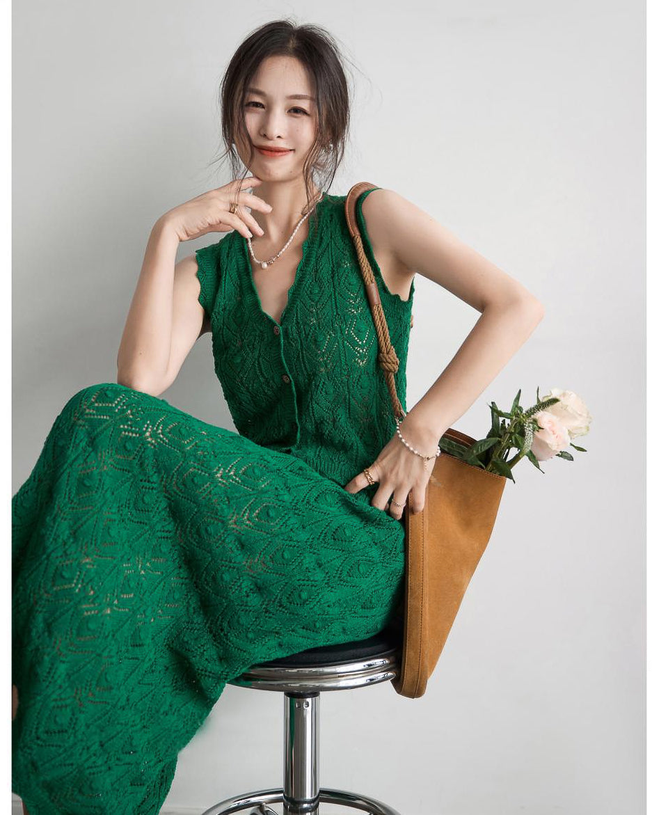 【セットアップ】クロシェ編みニットセット-green-