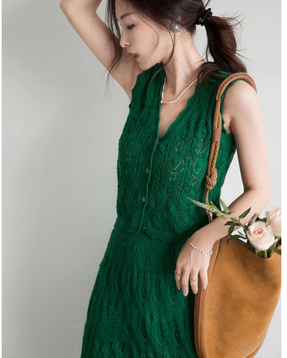【セットアップ】クロシェ編みニットセット-green-