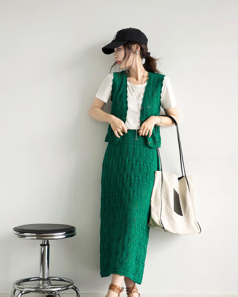 【セットアップ】クロシェ編みニットセット-green-