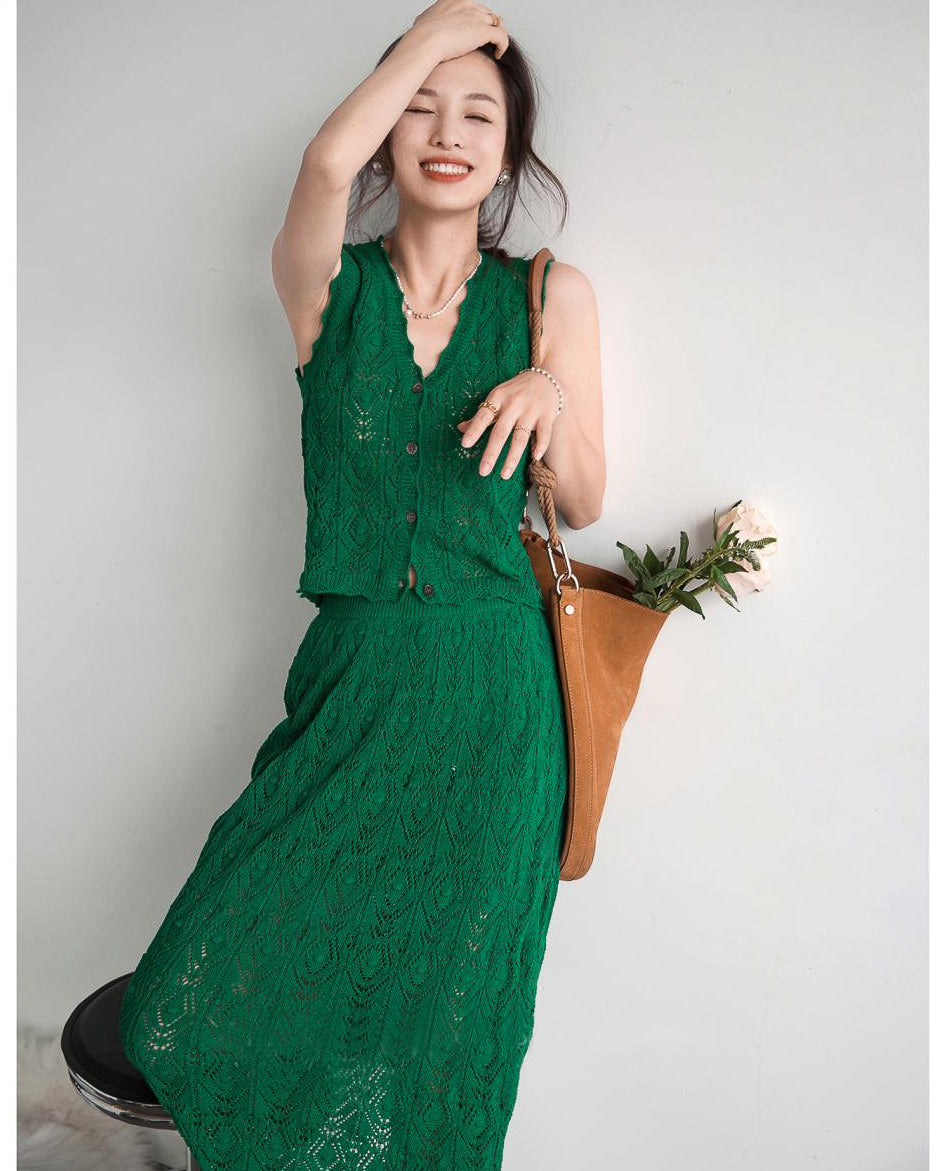【セットアップ】クロシェ編みニットセット-green-