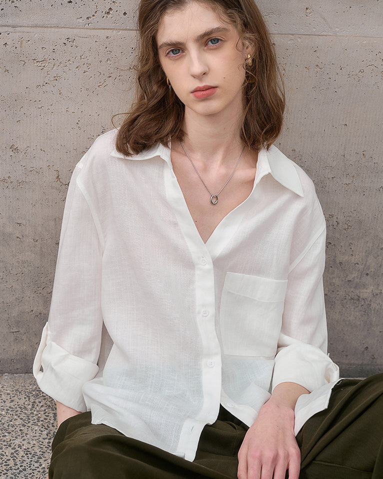 -linen- リラクシーロングシャツ 〈ホワイト〉