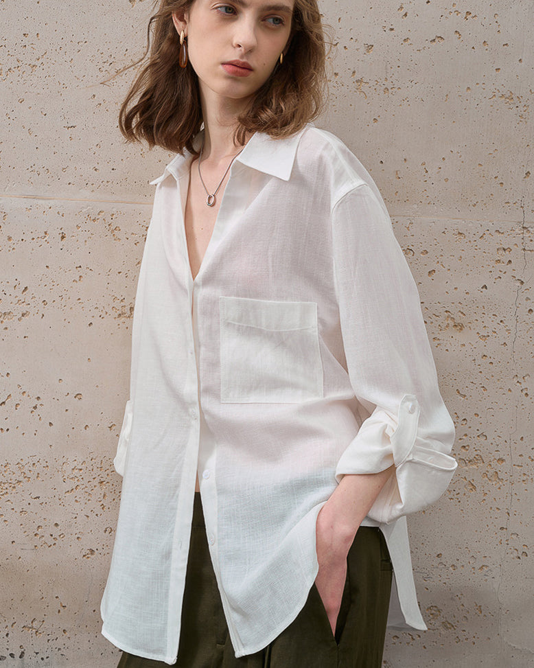 -linen- リラクシーロングシャツ 〈ホワイト〉