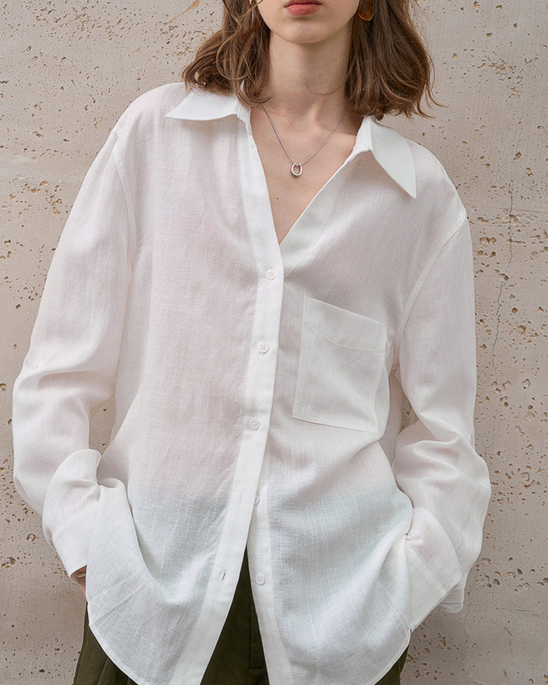-linen- リラクシーロングシャツ 〈ホワイト〉