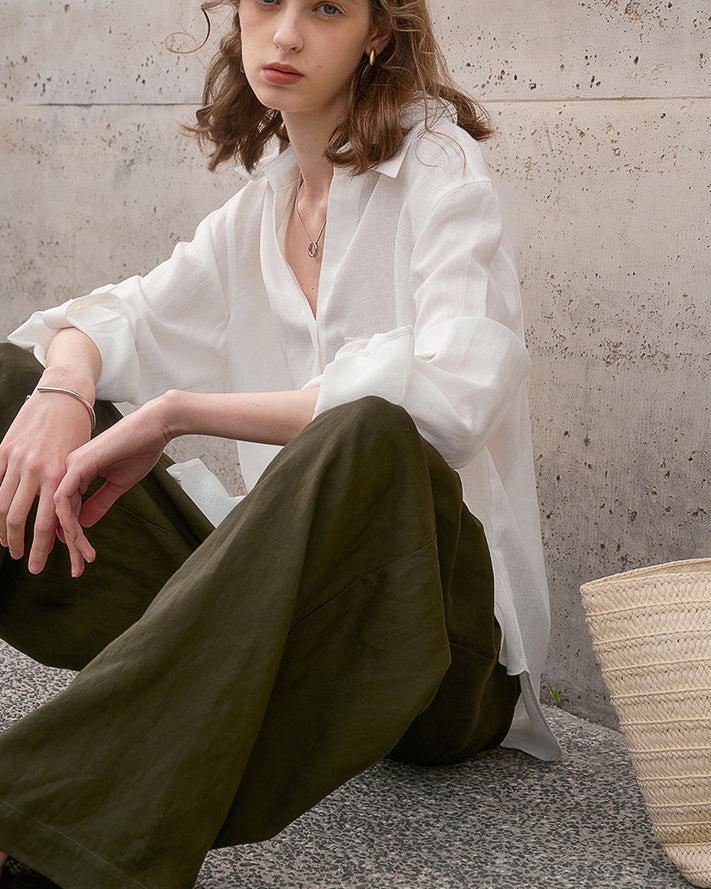 -linen- リラクシーロングシャツ 〈ホワイト〉