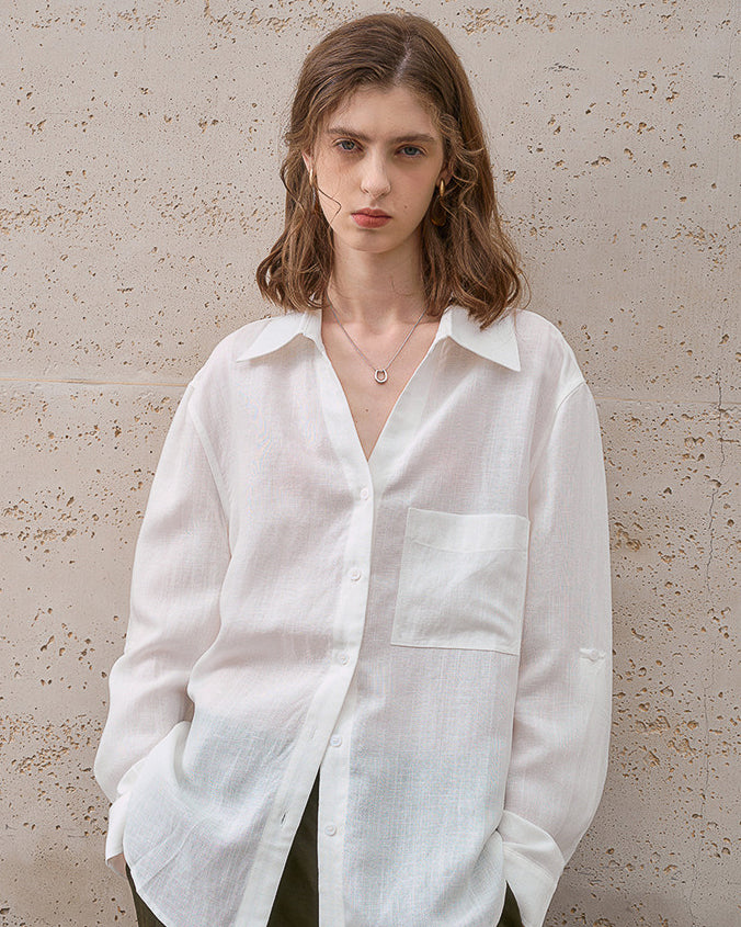 -linen- リラクシーロングシャツ 〈ホワイト〉